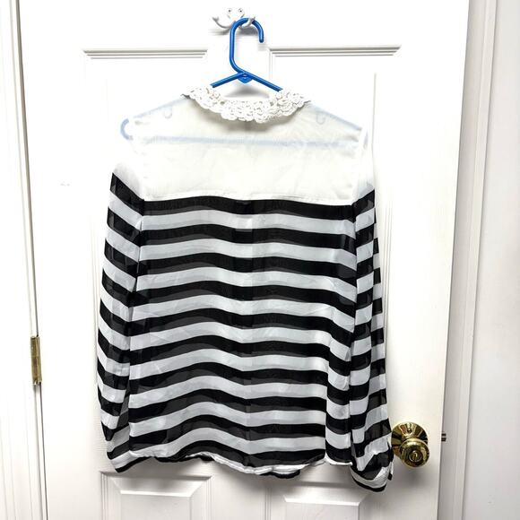 Lauren Conrad Sheer White Blouse, Black Stripes, Lace Collar, Button Up, Size M - Picture 3 of 5